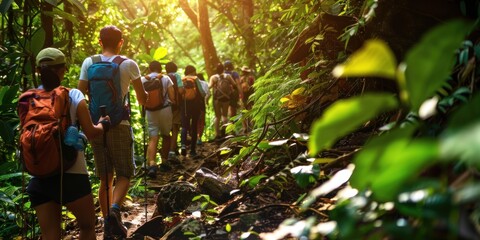 Poster - Group of hikers walking through dense green forest.