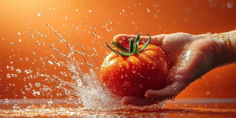 A hand squeezing a tomato creates a pop art and taste concept as fresh tomato juice flies through the air.