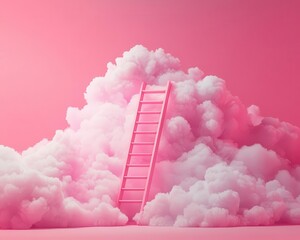 A step ladder reaches for the clouds, reflecting growth and dreams in a simple pink design.