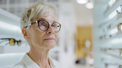 Wall Mural - A woman buying new frames at the optician. An optometrist sells prescription lenses to a woman.