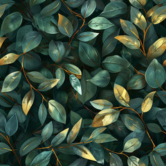 Seamless lush green leaves pattern with golden accents, realistic style. Generative ai