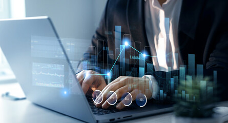 Leinwandbilder - Growing graph and annual report for a successful development.Business arrow chart diagram, growth strategy and achieving goals with the rising arrow. Business strategy development  efficiency growth.