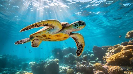 Wall Mural - Sea Turtle Swimming in Blue Water.