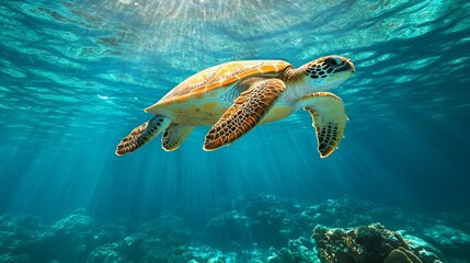 Wall Mural - Sea Turtle Swimming Underwater with Sunbeams.