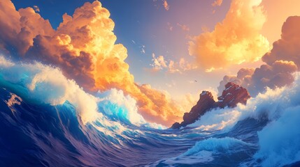 Canvas Print - Dramatic Sunset Over Ocean Waves