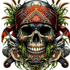 A skull with a bandana and flowers design creative