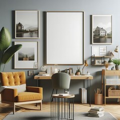 A room with a desk chair and a chair and a picture on the wall