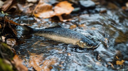Aufkleber - A freshwater fish is swimming gracefully in a clear stream, accompanied by fallen autumn leaves on the water surface.
