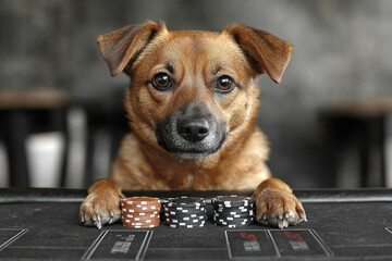 Animal Dog plays poker blackjack in a casino, fantasy