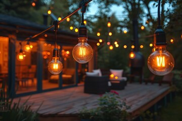 Charming summer evening on a suburban patio, illuminated by twinkling garden lights.