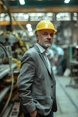 A middle-aged manager standing in a factory with a serious look on his face in a factory.