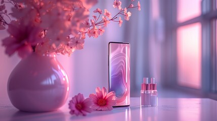 Poster - elegant display of a smartphone surrounded by flowers and fragrant bottles during soft sunset light