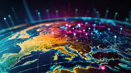 Abstract digital world map, global network and communication concept, data transfer and cyber technology, information exchange and telecommunication,