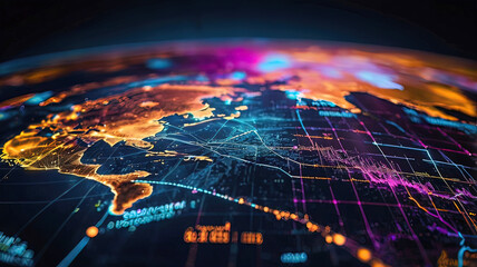 Abstract digital world map, global network and communication concept, data transfer and cyber technology, information exchange and telecommunication,