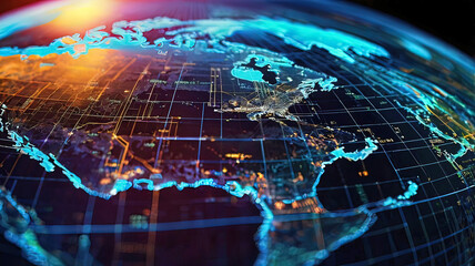 Abstract digital world map, global network and communication concept, data transfer and cyber technology, information exchange and telecommunication,