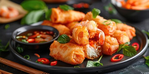 Wall Mural - Crispy Potato Shrimp Rolls with Prawns and Potatoes Traditional Asian Dish from Vietnamese Cuisine Copy Space Available