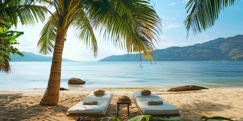 Canvas Print - Relaxing on the Beach with Palm Trees and Ocean View.