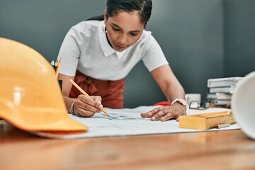 Poster - Blueprint, drawing and woman in office with planning, sketch and project management in creative development. Writing, pen and designer in architecture for ideas, civil engineering and pencil at desk
