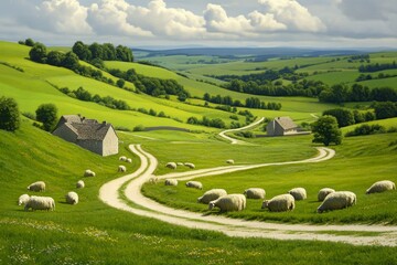 Wall Mural - Idyllic Countryside with Sheep Grazing on Green Hills.