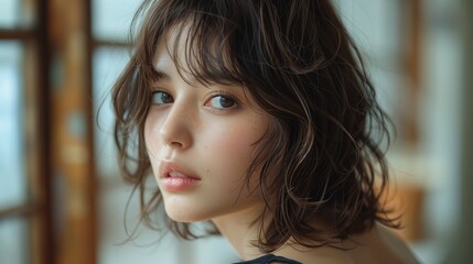 Wall Mural - Young Woman With Wavy Hair Gazes Thoughtfully Out a Window in Soft Morning Light