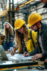 Two young male and female engineers reviewing documents in a company, planning the work of a factory.