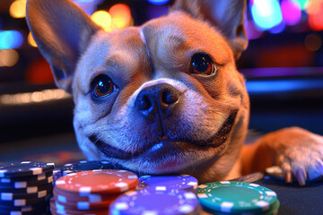 Animal Dog plays poker blackjack in a casino, fantasy