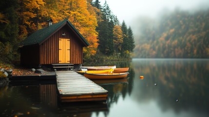 Poster - Wooden Cabin on a Foggy Lake in Autumn.