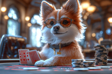 Animal Dog plays poker blackjack in a casino, fantasy