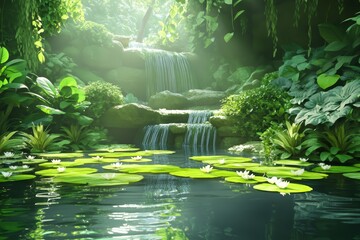 Canvas Print - Tranquil Waterfall and Pond with Water Lilies.