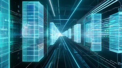 Poster - Virtual data center corridor with cloud servers providing compute power