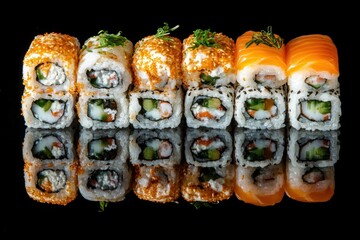 Wall Mural - Delicious sushi selection on black background