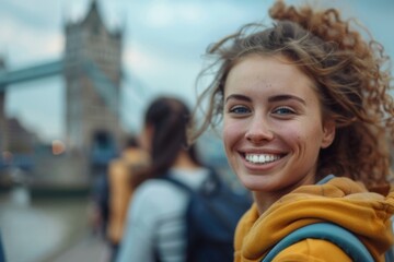 A woman with curly hair is smiling and posing for a picture. She is wearing a yellow hoodie and has a backpack on her back. The scene takes place in front of a bridge