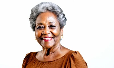 Wall Mural - Portrait of a smiling senior African American woman standing against white background