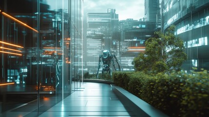 Poster - A robot strolls along a sleek walkway surrounded by reflective buildings and lush greenery in a vibrant, technologically advanced city