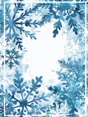 Watercolor snowflake border design. Elegant winter background with a frame of blue snowflakes and watercolor accents. Perfect for holiday cards, invitations, and other festive designs.