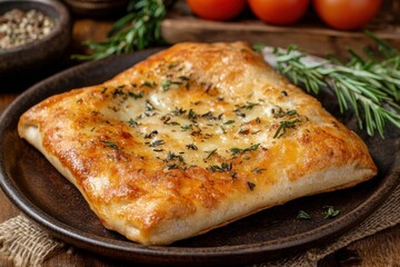 Wall Mural - Freshly baked cheesy focaccia bread on wooden table