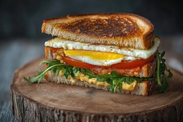 Wall Mural - Savory breakfast sandwich with fried egg, tomato, arugula on toasted bread