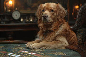 Animal Dog plays poker blackjack in a casino, fantasy