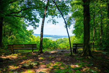 Two benches looking out over a Mountain View. 