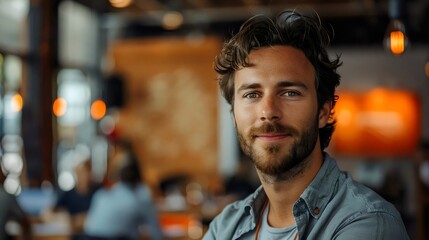 Wall Mural - A man with a beard and a blue shirt is smiling at the camera