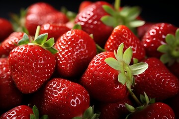 Wall Mural - Strawberries with water drops on a dark background. Close up.