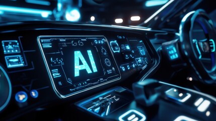 Poster - A sleek cockpit illuminated by vibrant blue lights showcases an advanced AI interface on a digital display, emphasizing cutting-edge technology in automotive design