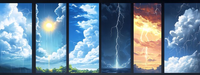 Different weather background banners, sky with sun and clouds, thunderstorm and rain, fire on the bottom, dark clouds, vertical layout