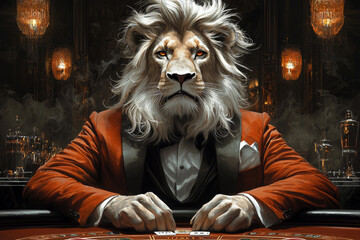 Animal Lion plays poker blackjack in a casino, fantasy