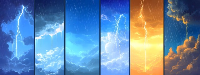 Different weather background banners, sky with sun and clouds, thunderstorm and rain, fire on the bottom, dark clouds, vertical layout