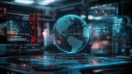 Poster - A glowing digital globe displays global data, surrounded by high-tech interfaces in a dark, modern workspace