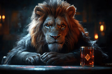 Animal Lion plays poker blackjack in a casino, fantasy