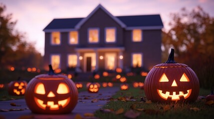 Beautiful suburban home featuring tasteful Halloween decorations and glowing jack-o'-lanterns on a clear evening