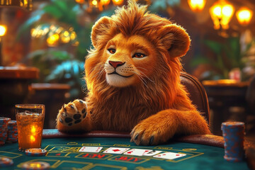 Animal Lion plays poker blackjack in a casino, fantasy