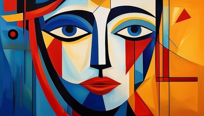 Wall Mural - A close-up of an abstract painting of a woman's face in cubist style, featuring bold lines and shapes in shades of blue, red, and yellow